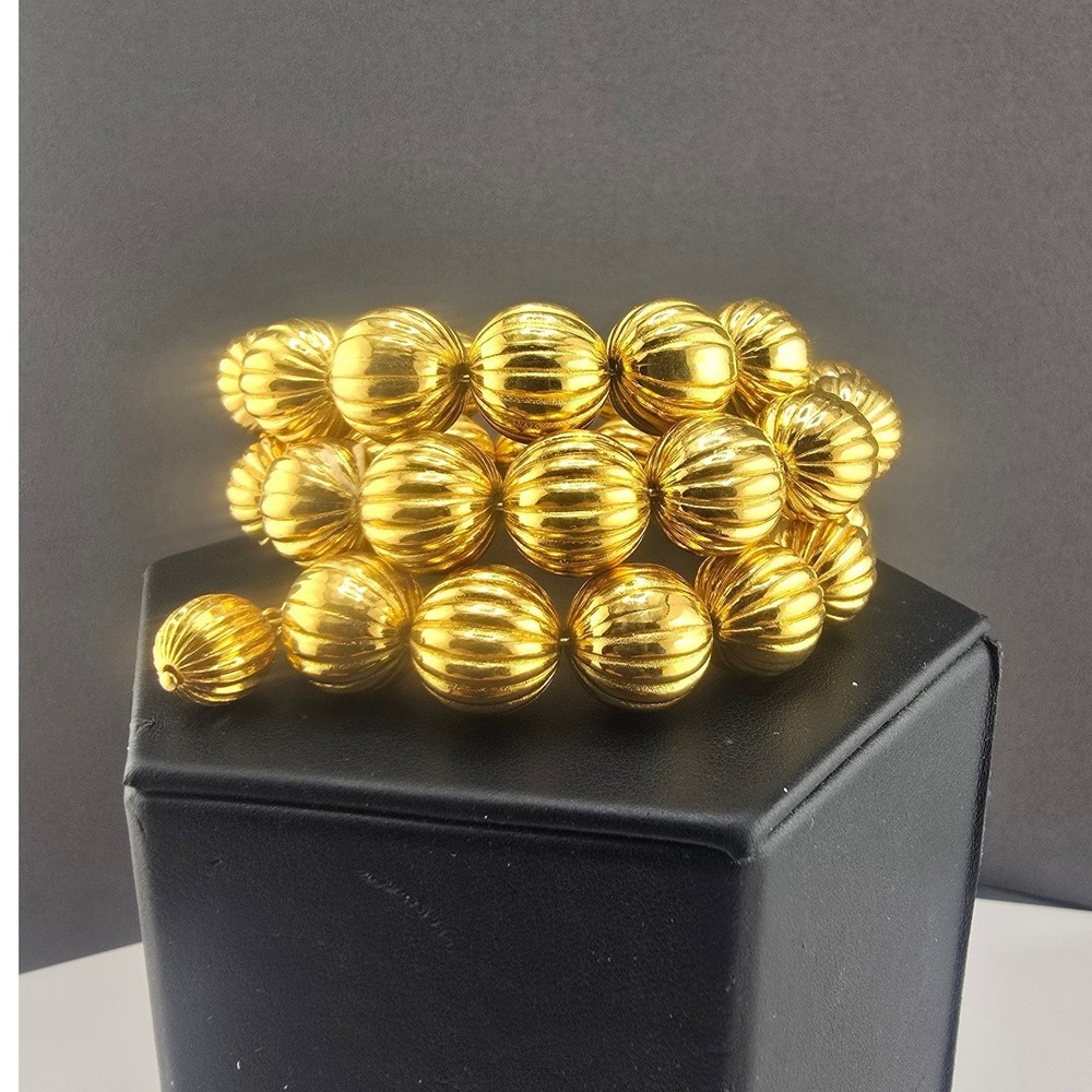 Vintage Kenneth Jay Lane Wrap Bracelet Gold Fluted Melon Bead Triple Row 2.25in